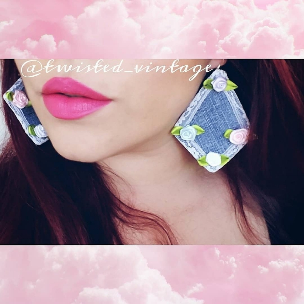 Country Shabby Chic Bride Bridal Earrings, Recycled Blue Denim, Satin Mini Roses